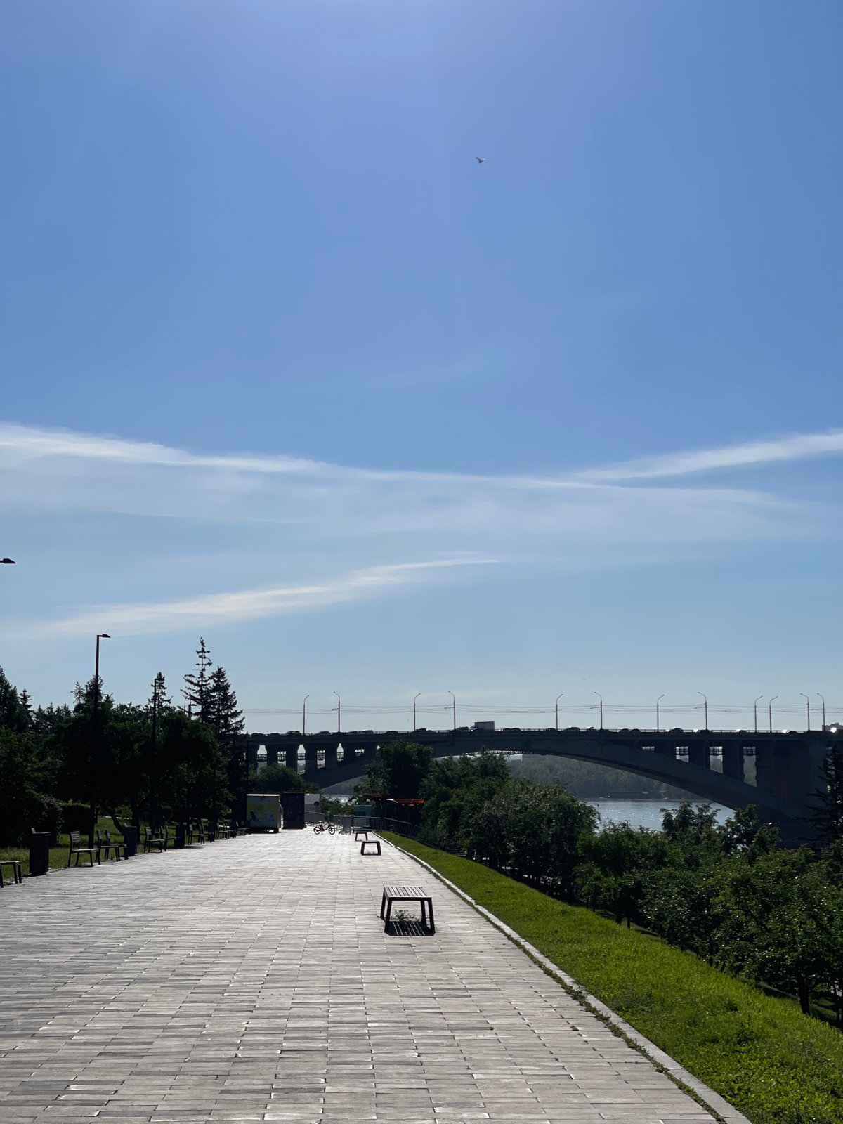 Skating Krasnoyarsk's riverfront promenade near the Yenisei bridge