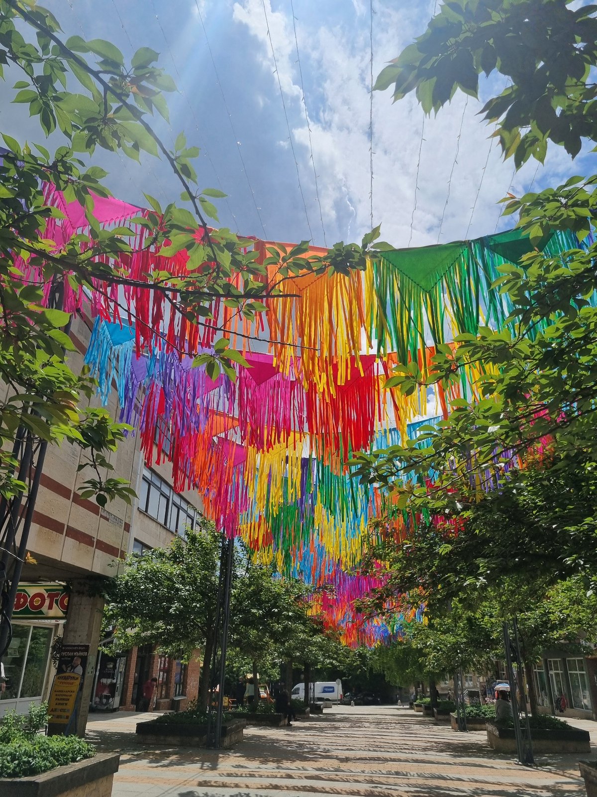Rainbow fabric installation spotted on Gorna Oryahovitsa street