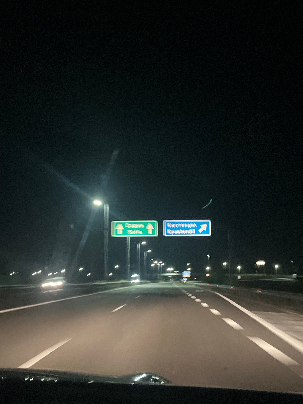 Nighttime highway scene documented in Blajievo, Bulgaria