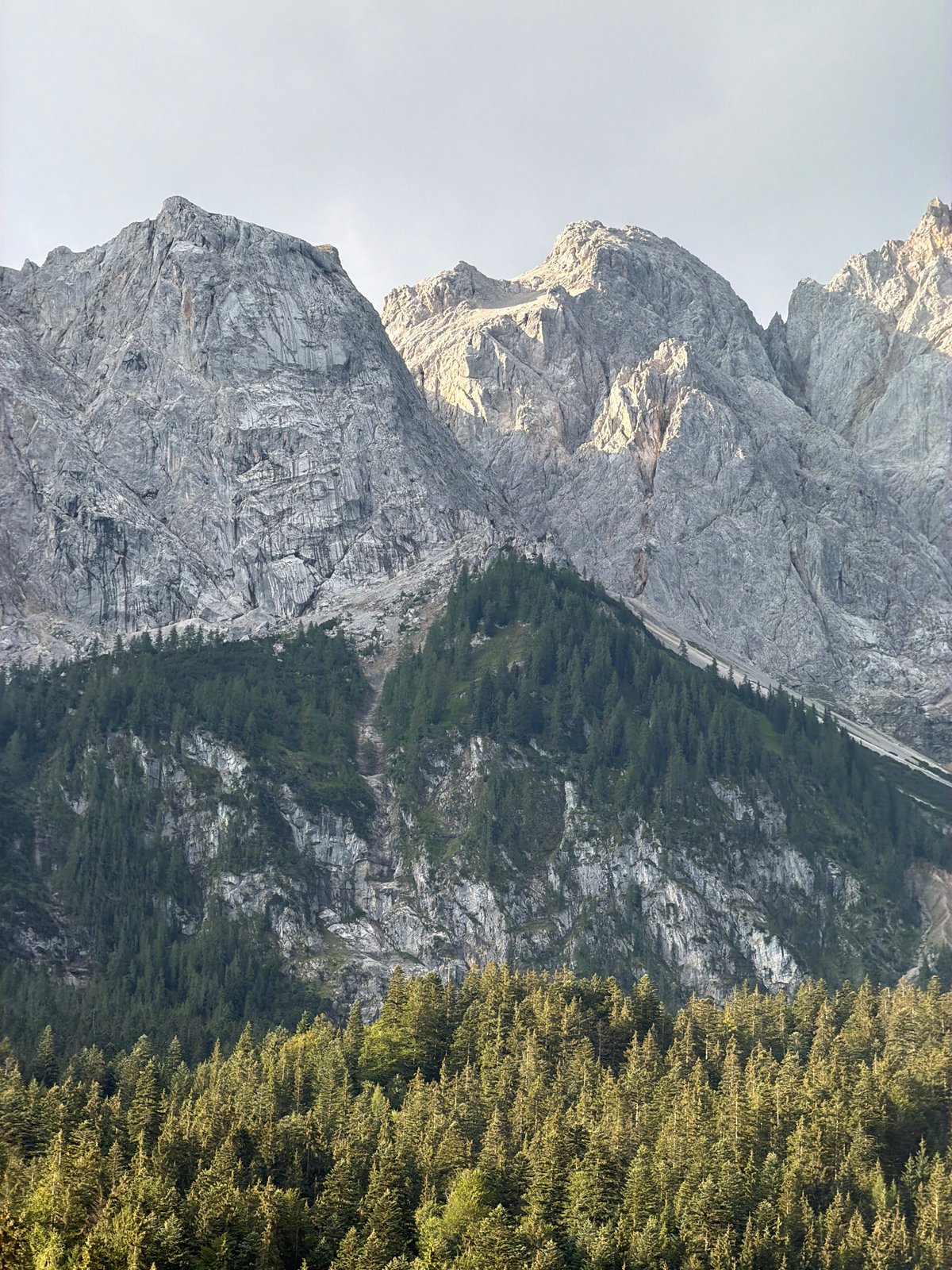 Zugspitze at dawn: rock faces, pine forest, and cable car towers