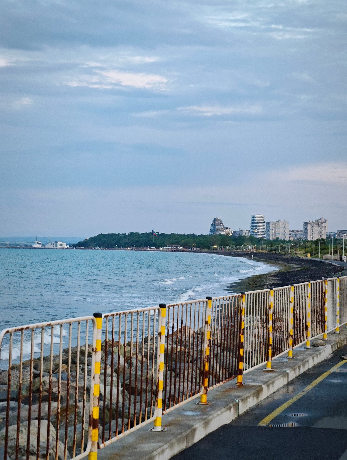 Coastal road documentation captured during twilight in Burgas, Bulgaria