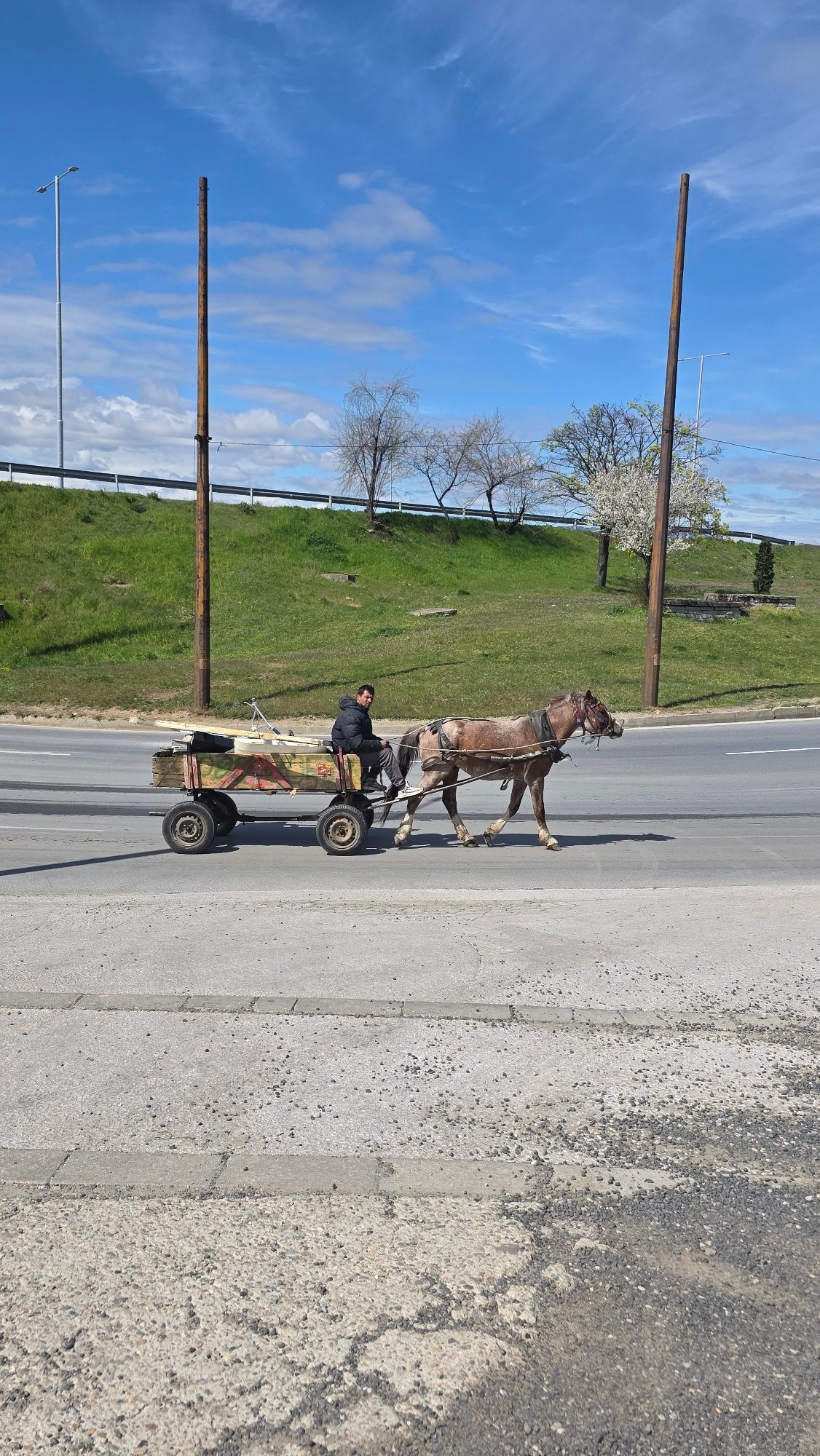 Horse cart and cloudy skies observed in Blagoevgrad streets
