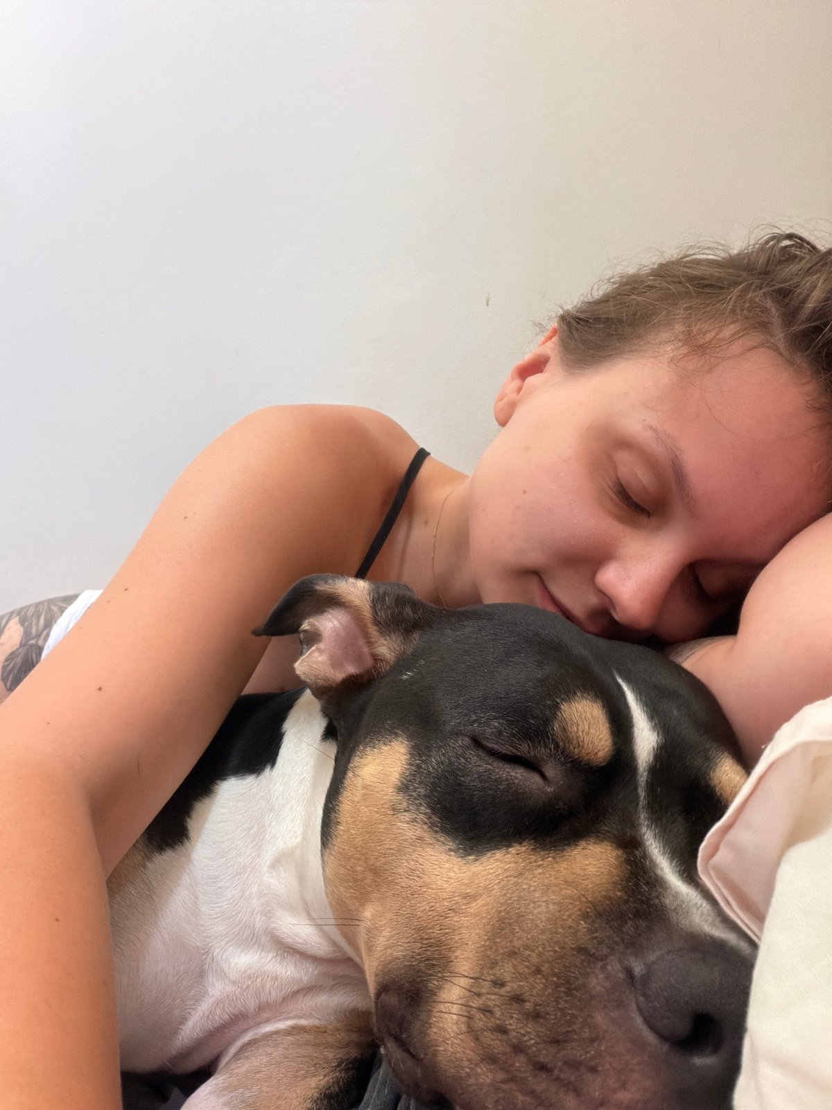Sleeping-with-dog photo flagged with a bold 'FAKE' graphic