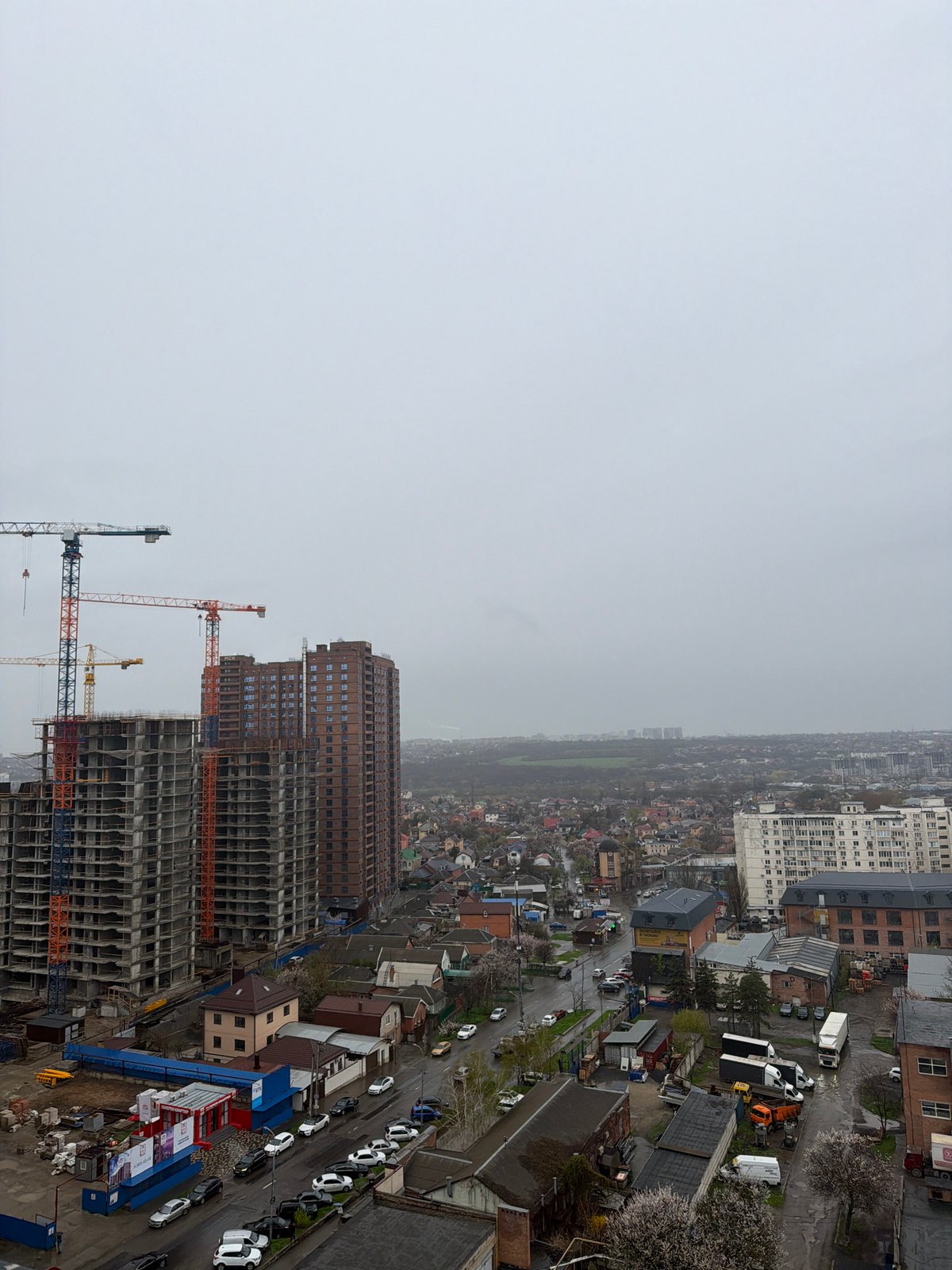Overcast morning cityscape observed from high-rise in Rostov-on-Don