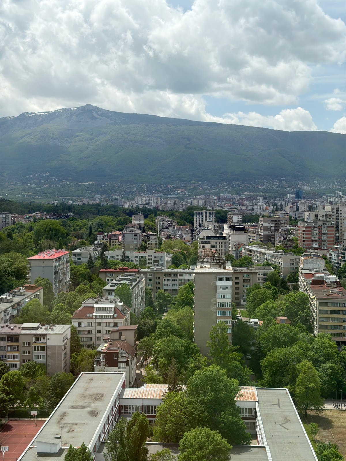 Morning aerial view captures Sofia cityscape with Vitosha Mountain backdrop