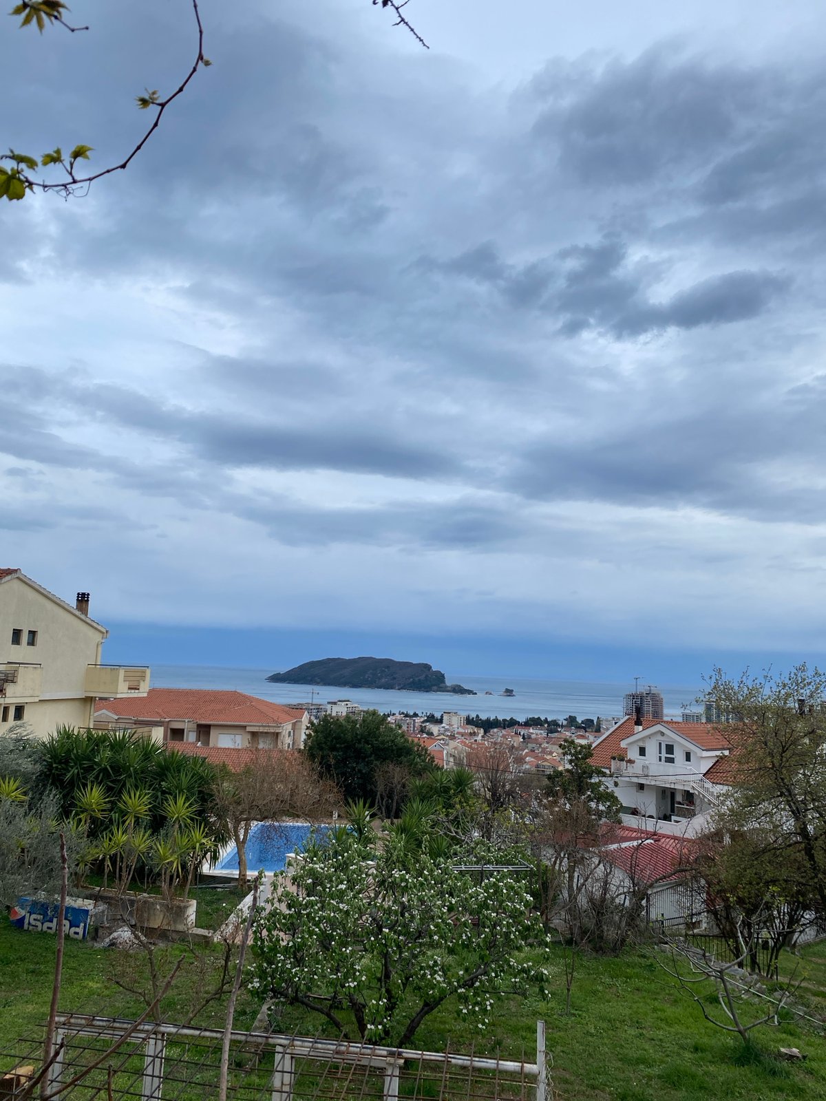 Elevated views of Budva's coastal cityscape captured