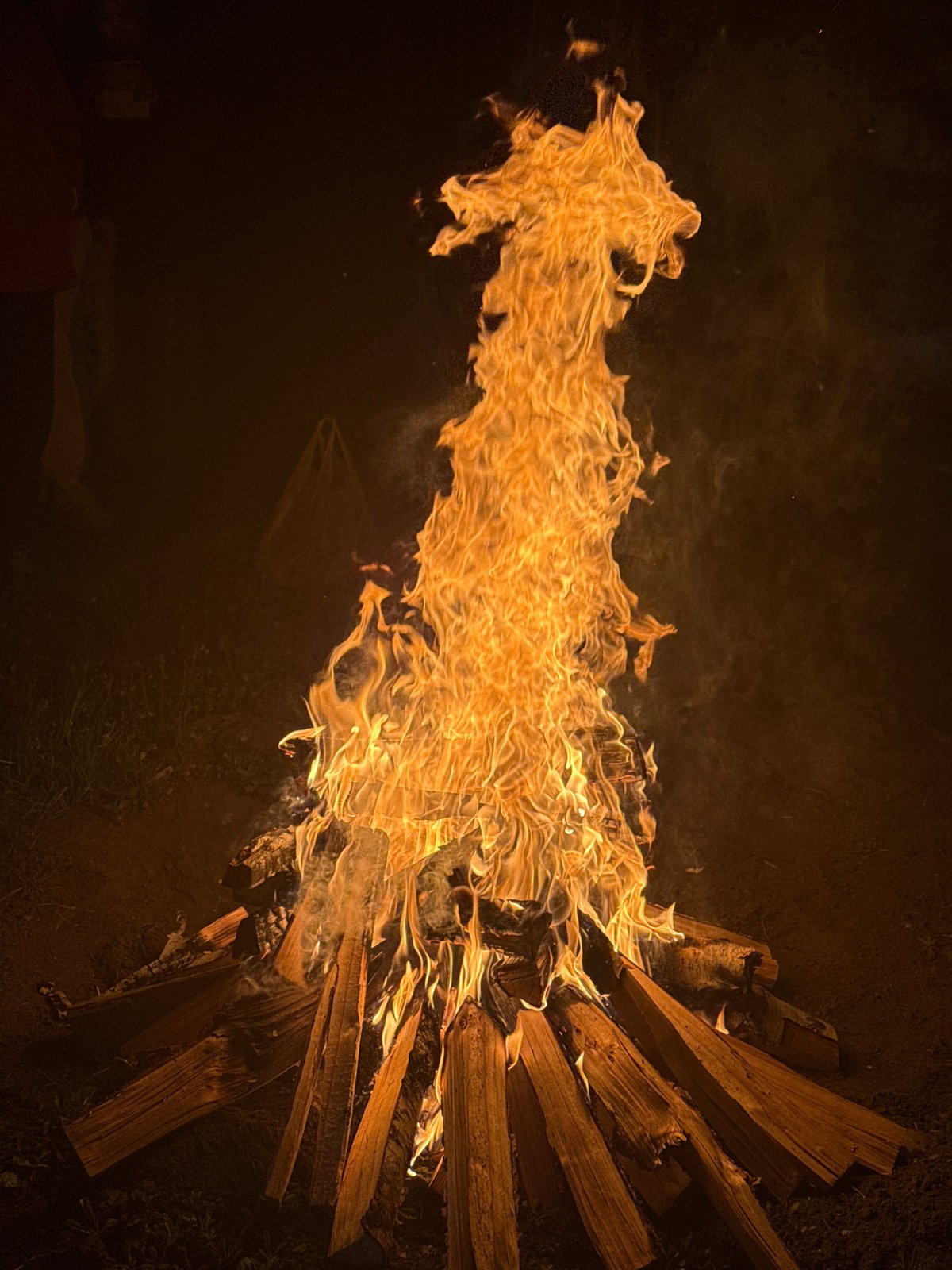 Five people gather around nighttime bonfire in Ust-Koksa, Russia