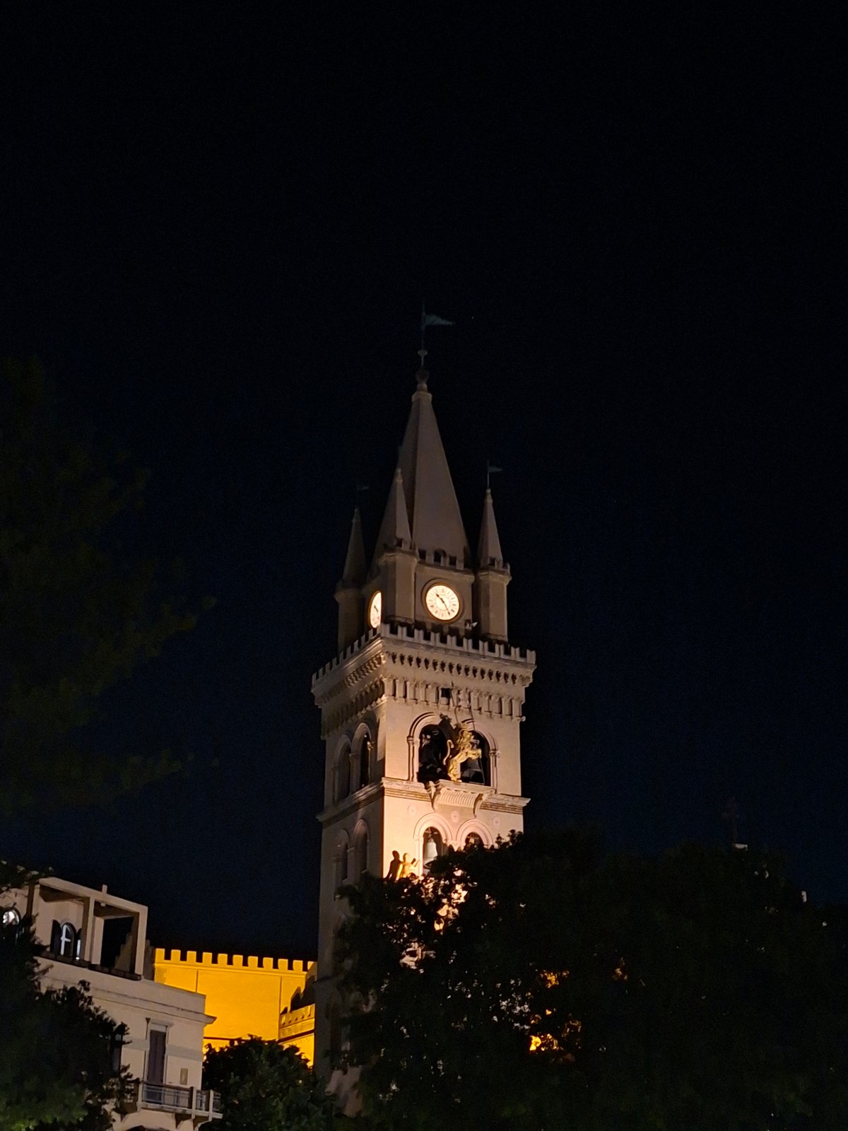 Nighttime architectural landmarks observed across multiple locations