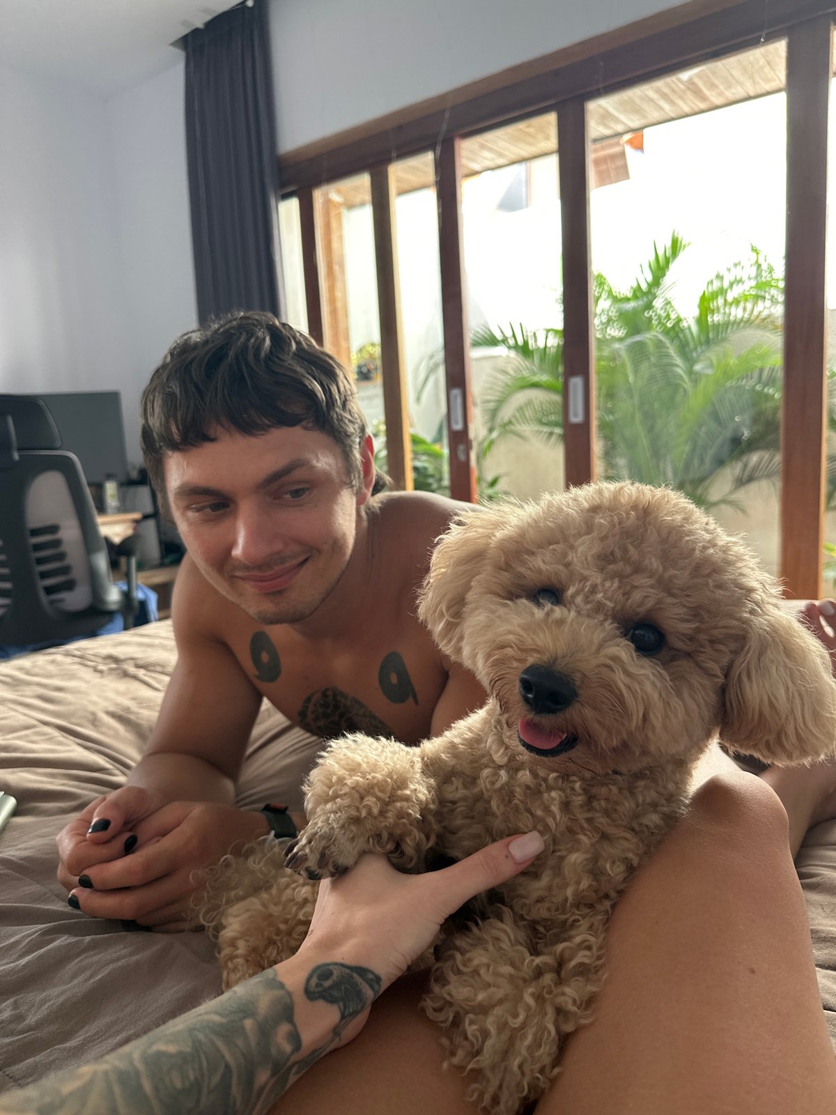 Morning playtime with poodle in North Kuta bedroom