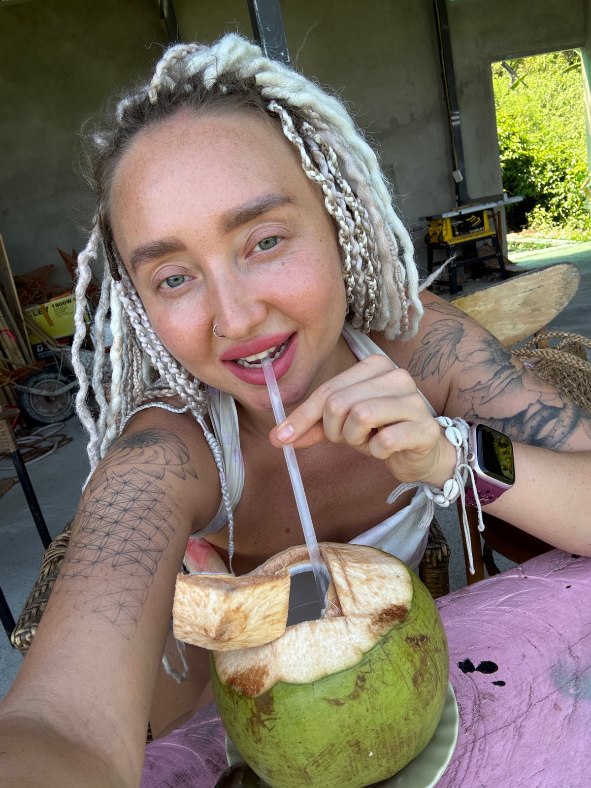 Tourist enjoys early breakfast at decorated Nha Trang café