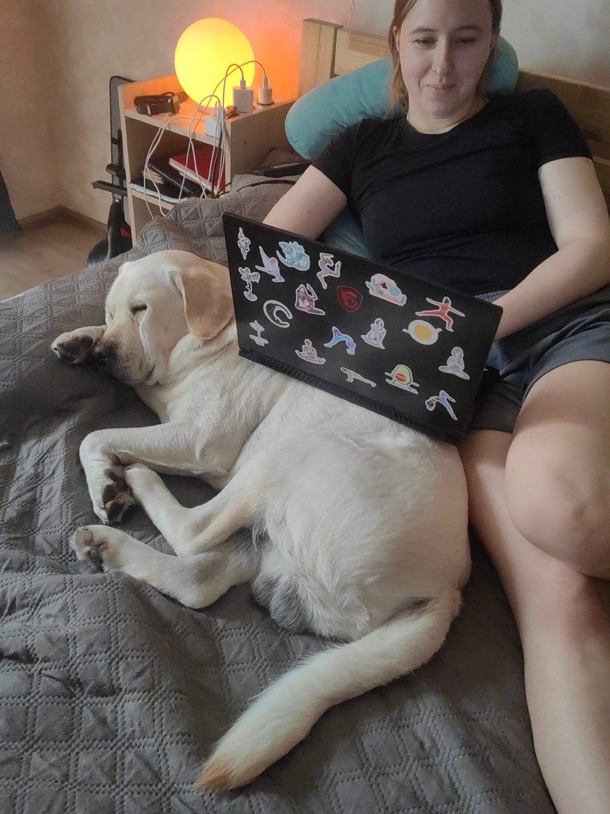 Woman and Labrador share quiet morning moments in Mytishchi