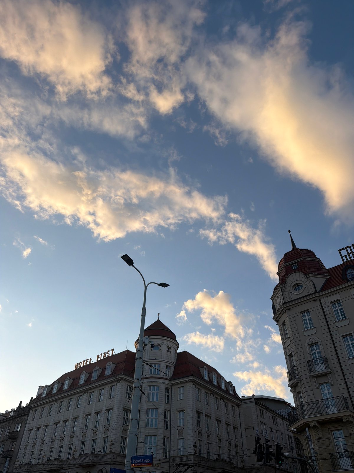 Central European city center explored at golden hour