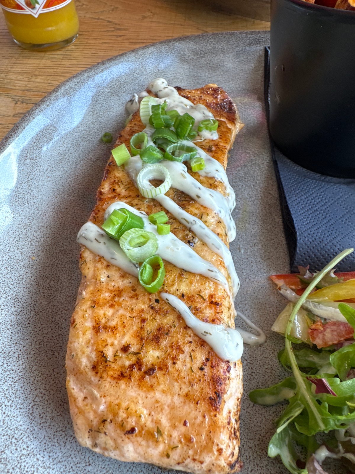 Diner documents salmon meal and ferry journey at waterfront location