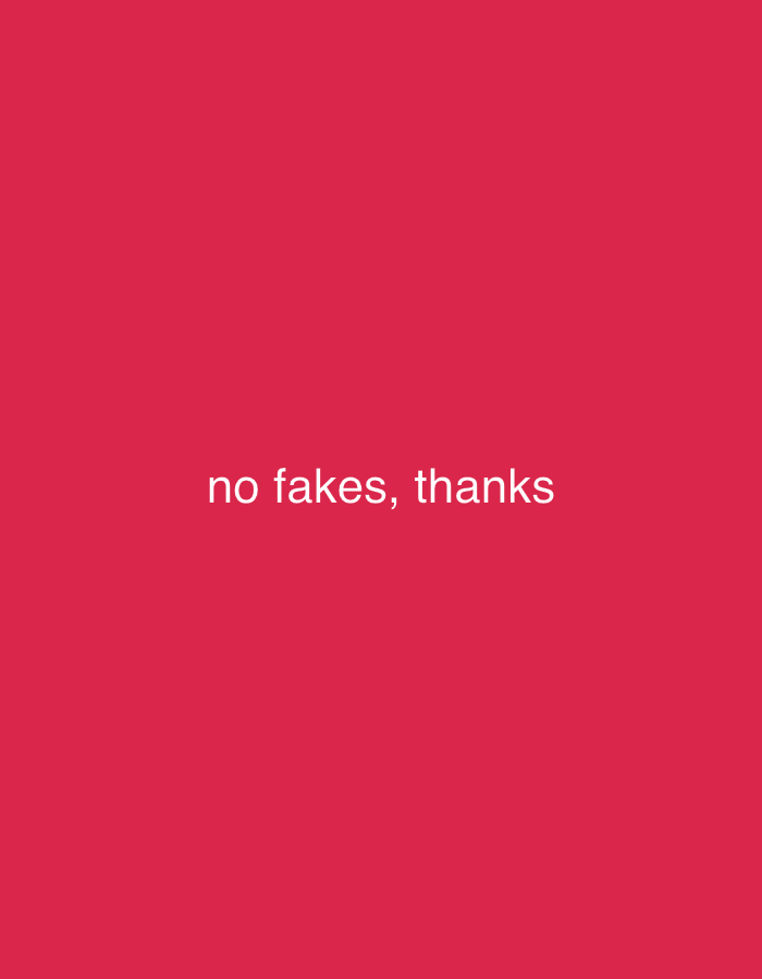 Anti-fake message displayed in red and white in Erba