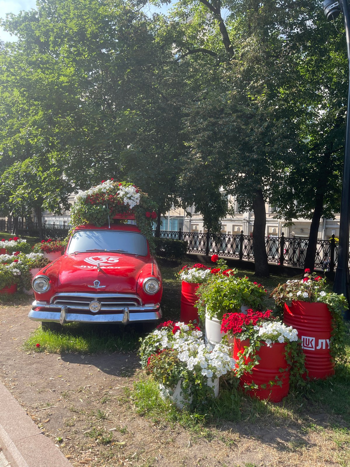 Flower-covered Soviet vehicles on display in central Moscow