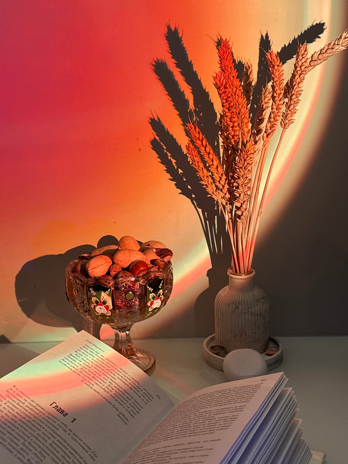 Indoor still life photography session with wheat, books, rainbow lighting
