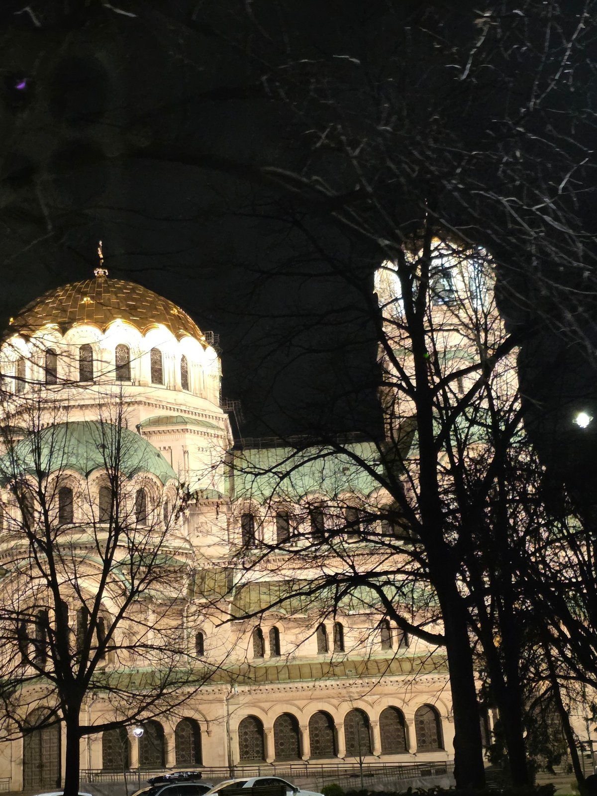 Alexander Nevsky Cathedral illuminated at night in Sofia