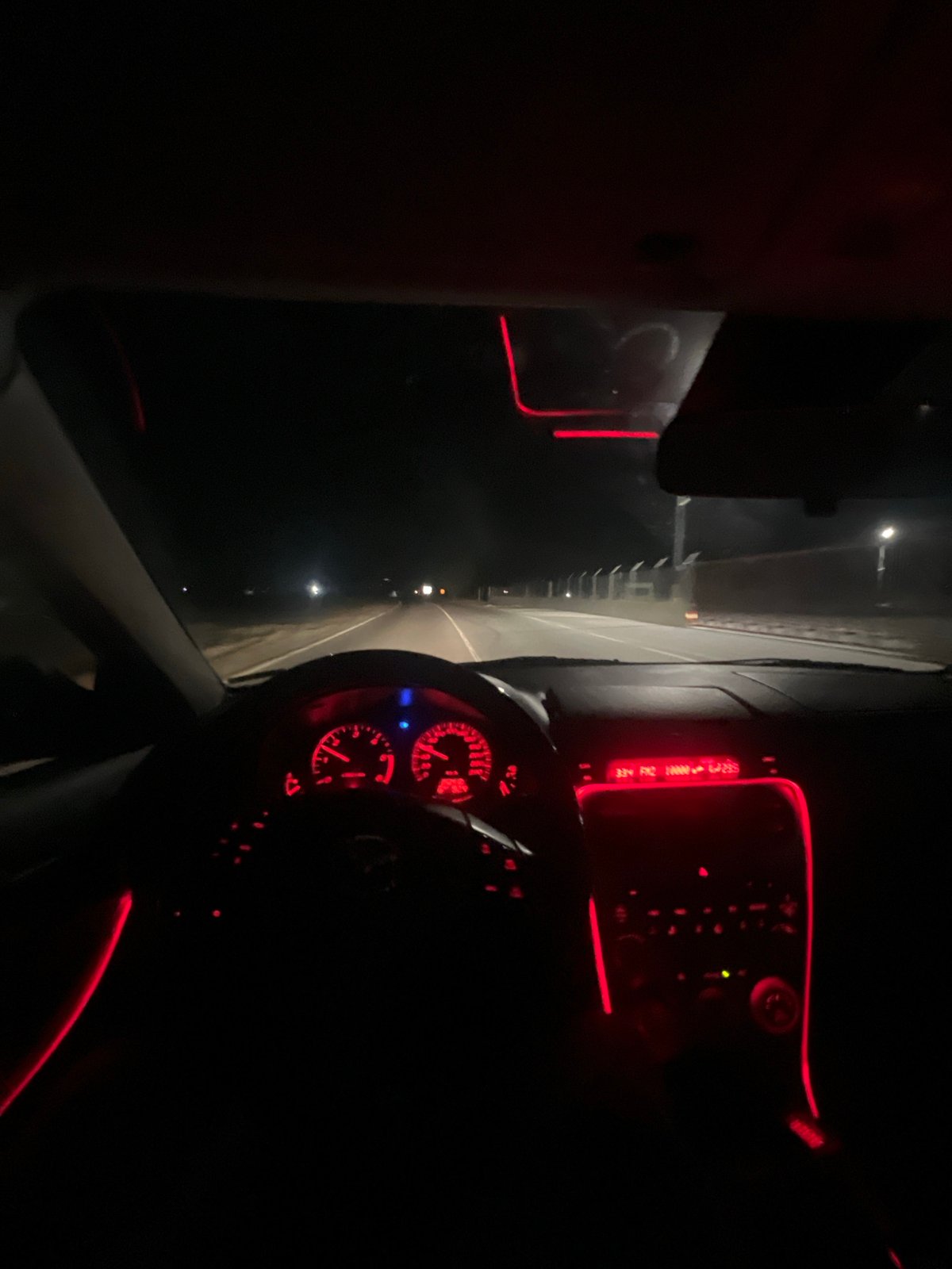 Night drive through Dabnitsa with red dashboard lighting