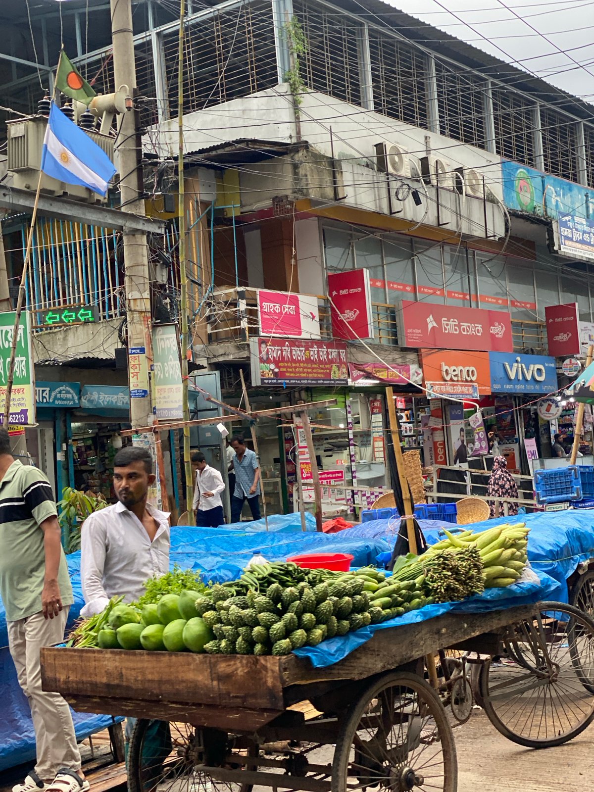 Dhaka street life: produce carts and mixed traffic on a cloudy morning
