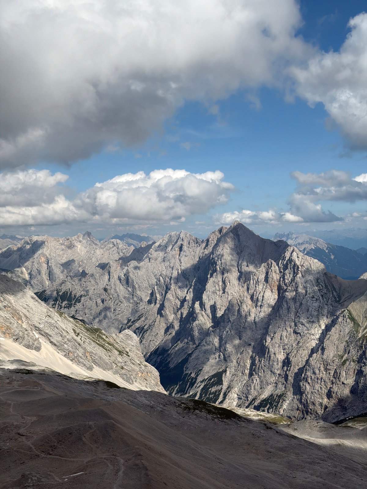 Panoramic views across the Zugspitze massif on a July afternoon