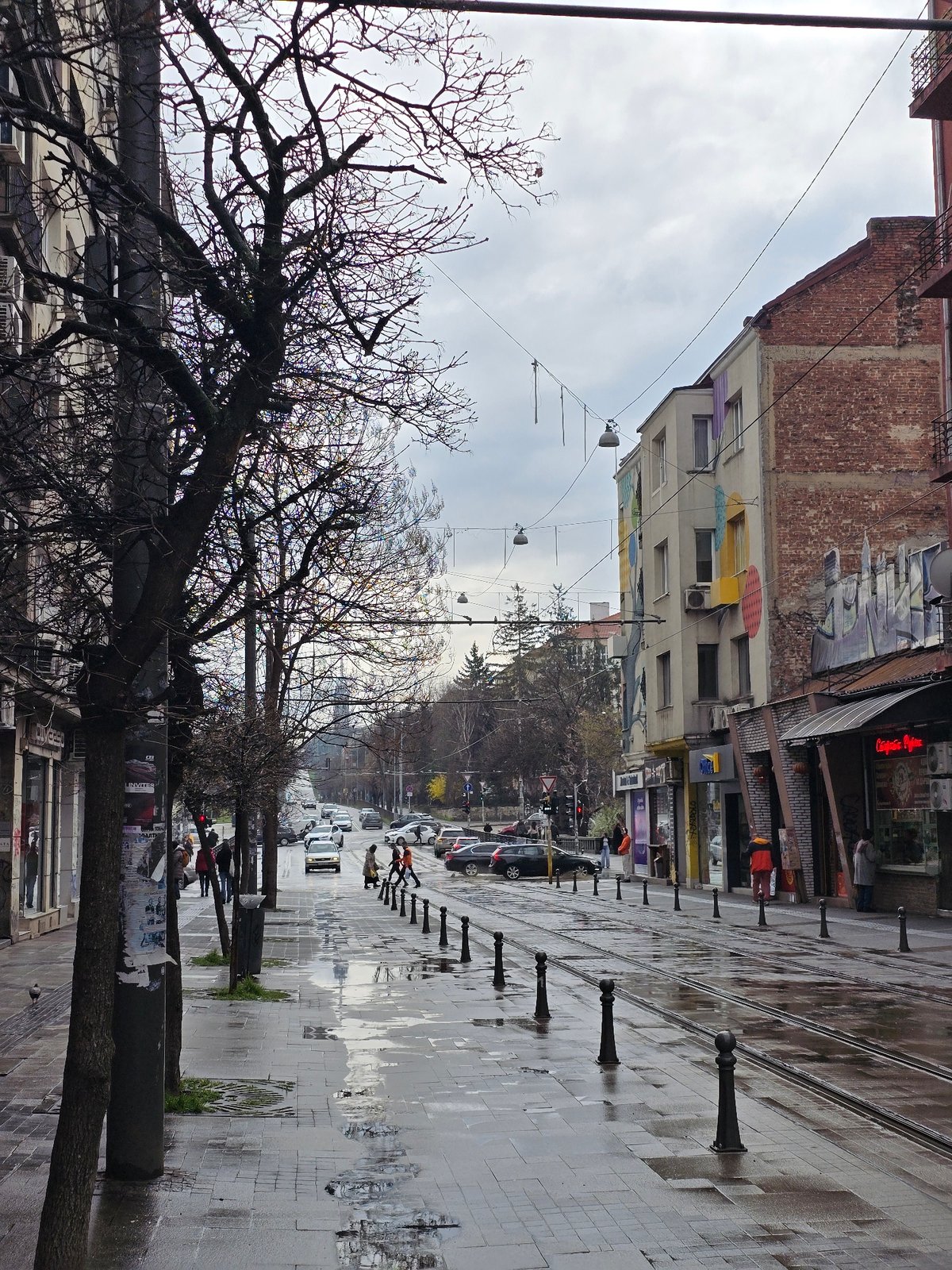 Cloudy, rainy morning documented in Sofia from street and aerial views