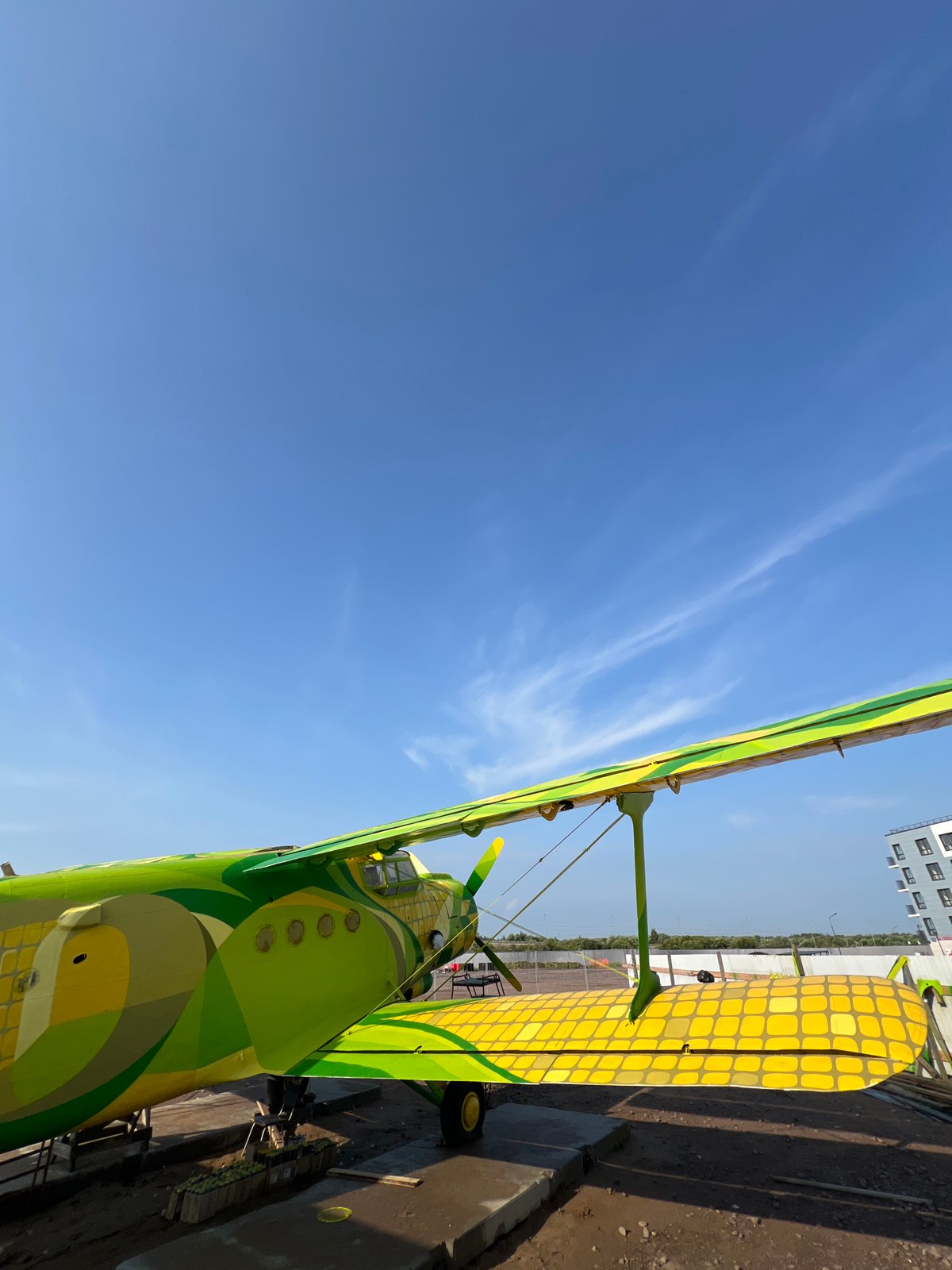 Corn-patterned biplane parked outdoors in Saint Petersburg
