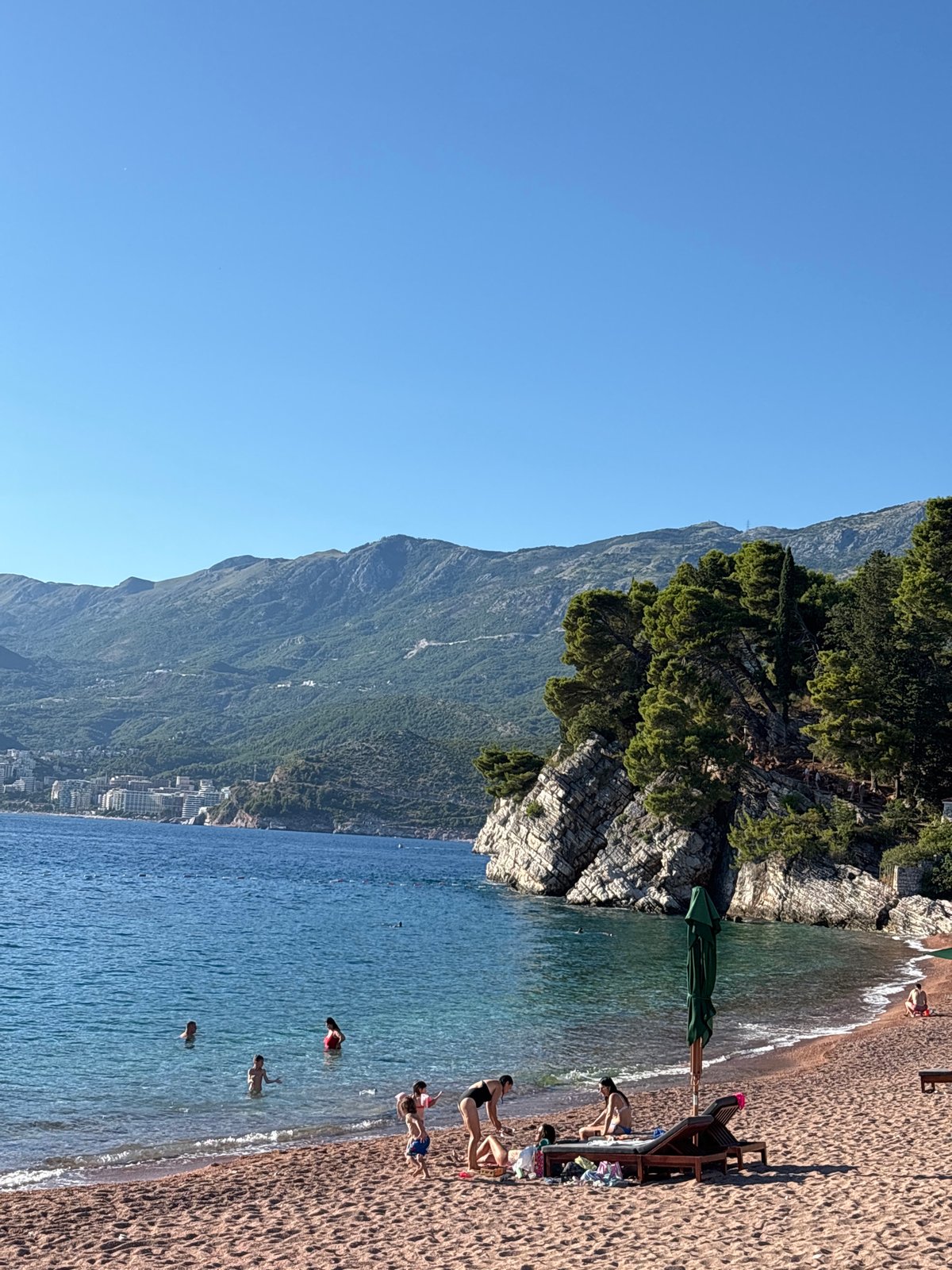 Afternoon at Sveti Stefan: beach, island views, and sunset