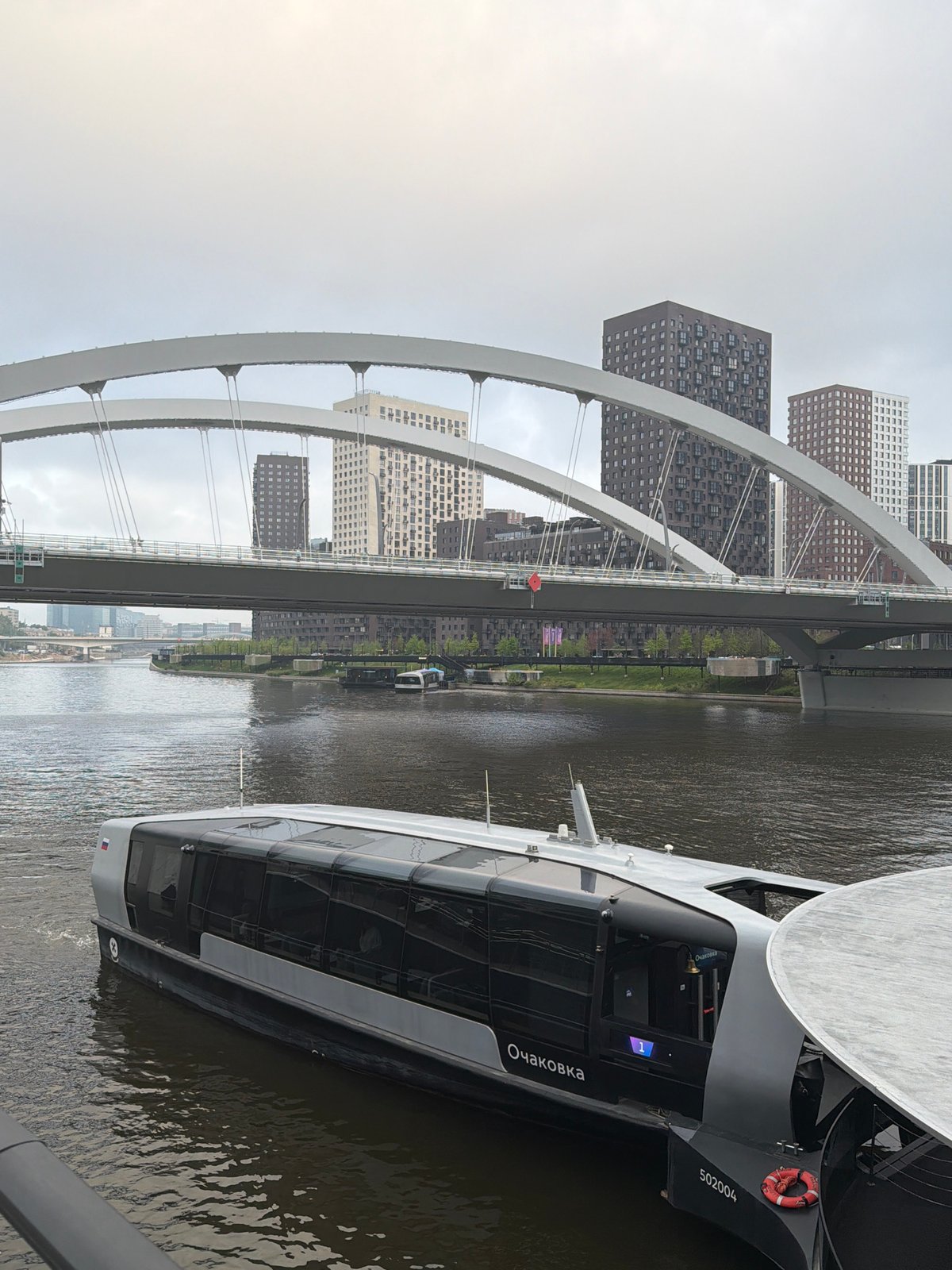 River vessel 'Ochakovka' docked near Moscow highway bridge