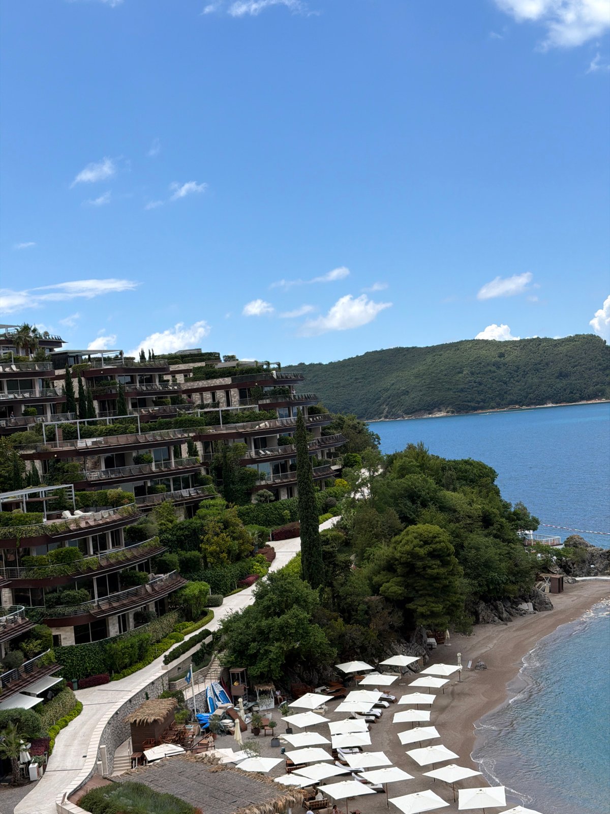 Paragliders soar over Montenegro coastal resort during morning hours