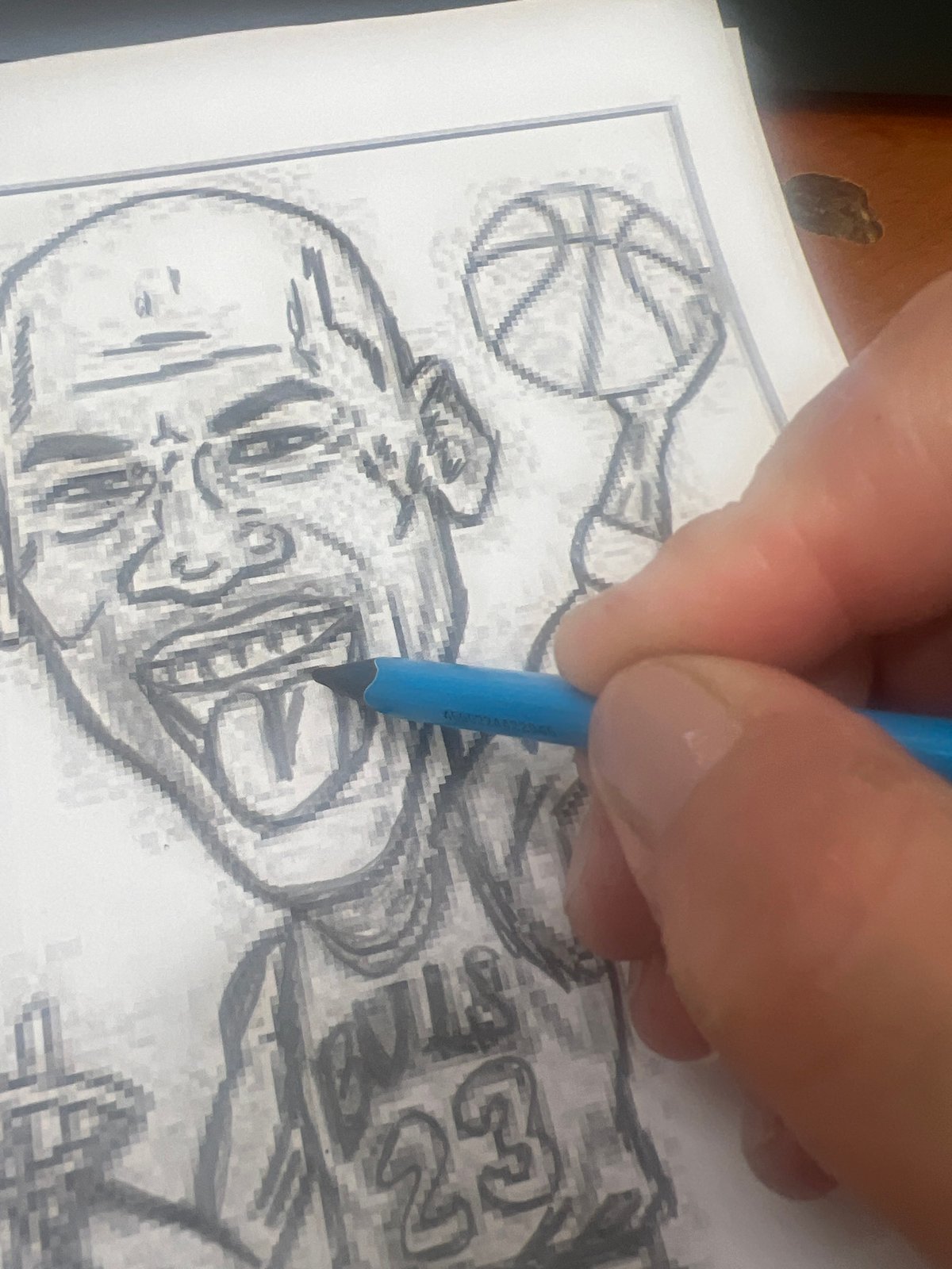 Artist creates basketball player drawing in Russian workspace session