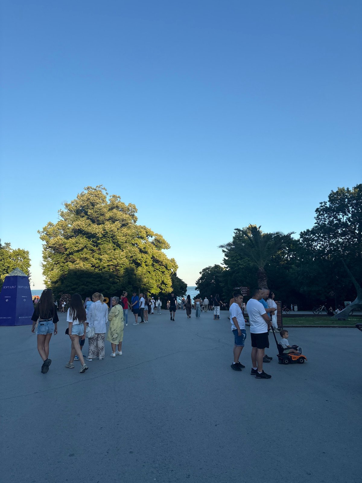 Waterfront park visit with flowers and Mickey Mouse character
