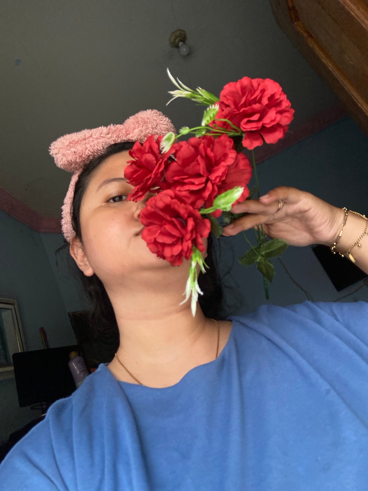 Morning selfie session with costume accessories in Gelam, Indonesia