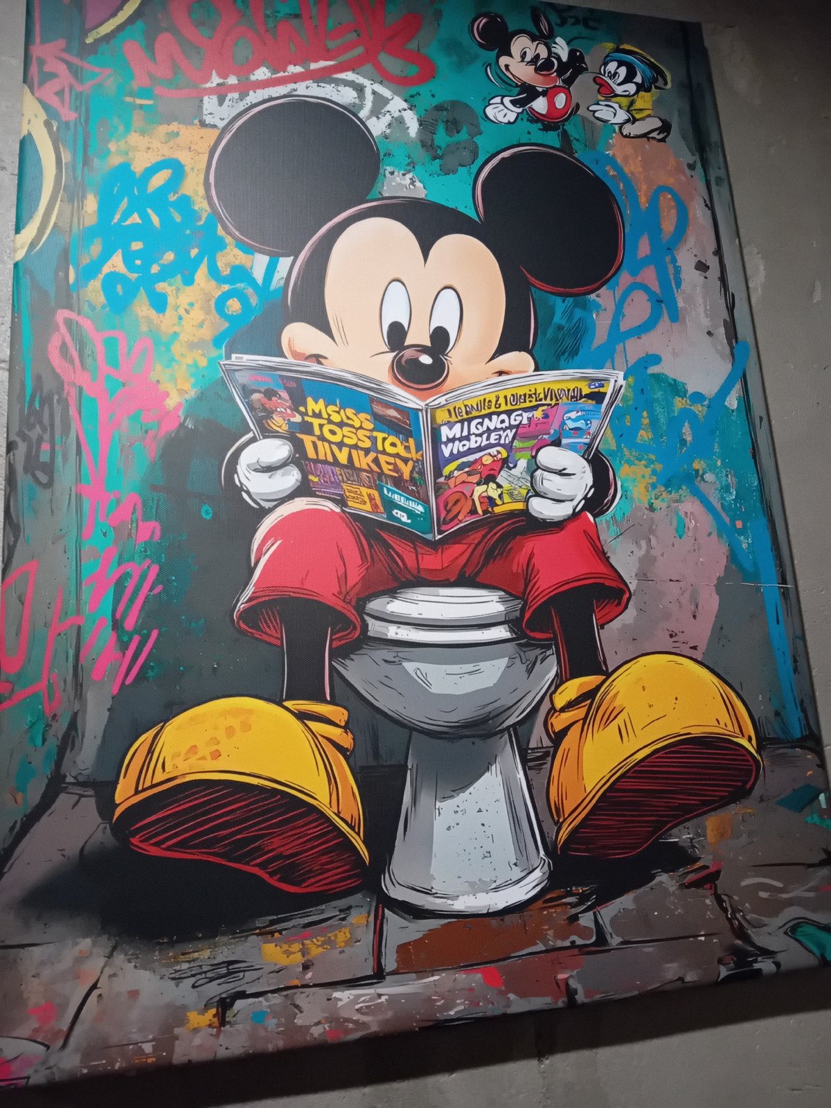 Mickey Mouse painting spotted reading comic in Barcelona