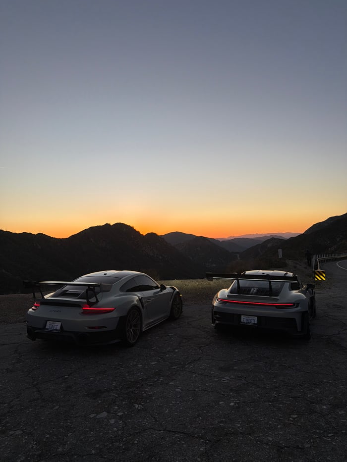Two Grey Porsches Parked in Altadena at Dusk