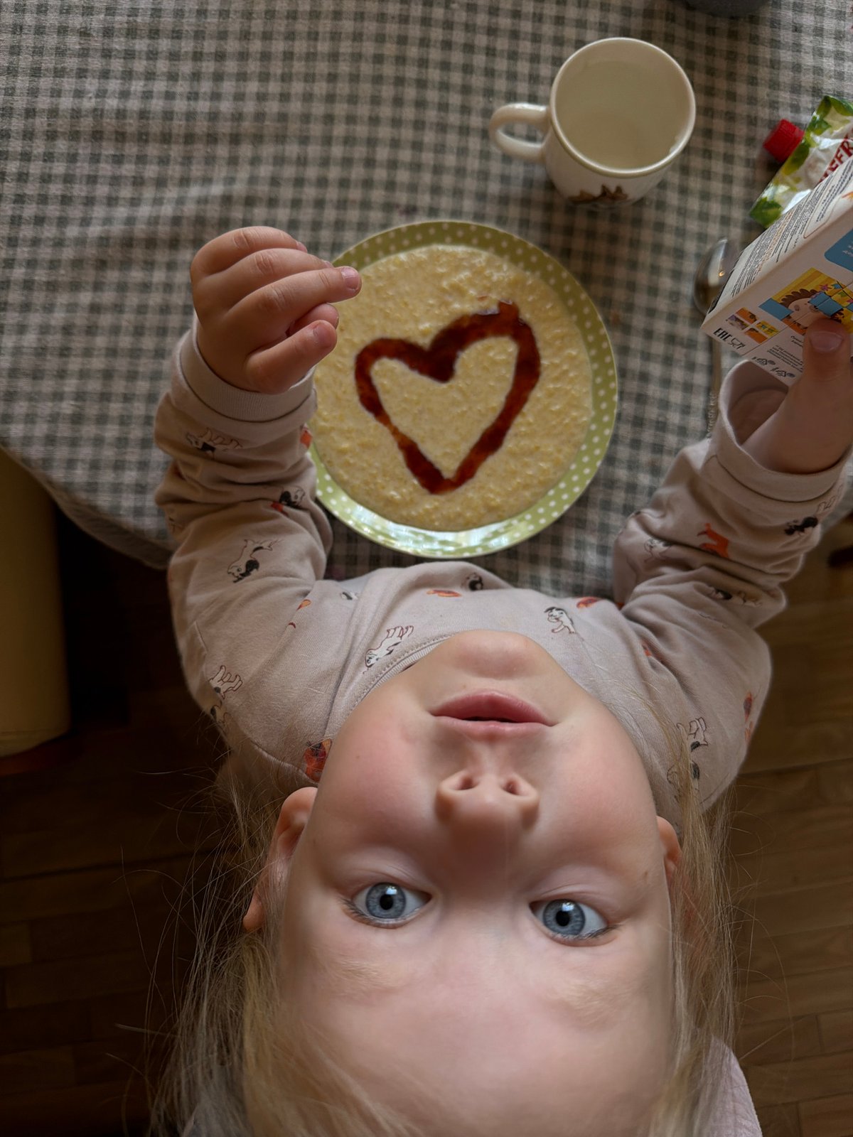 Child's morning routine with pet parrot documented in Khimki