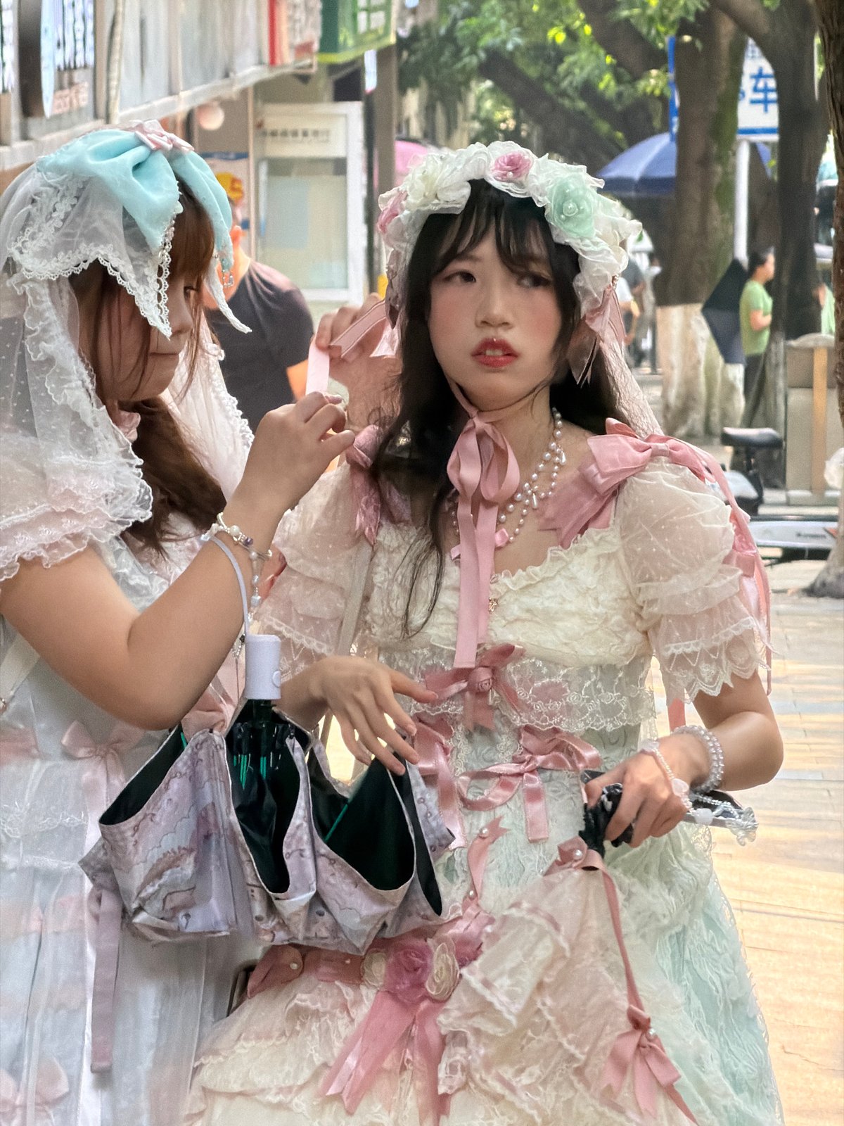 Lolita fashion enthusiasts spotted on Yuzhong District streets