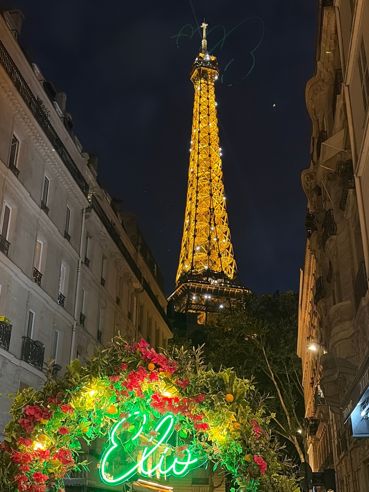 Eiffel Tower lit up at night, framed by a floral archway