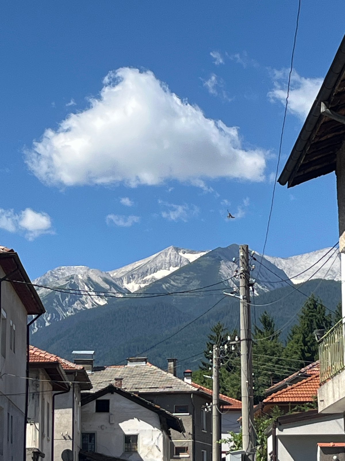 Morning views of Pirin Mountains from Bansko's old town streets