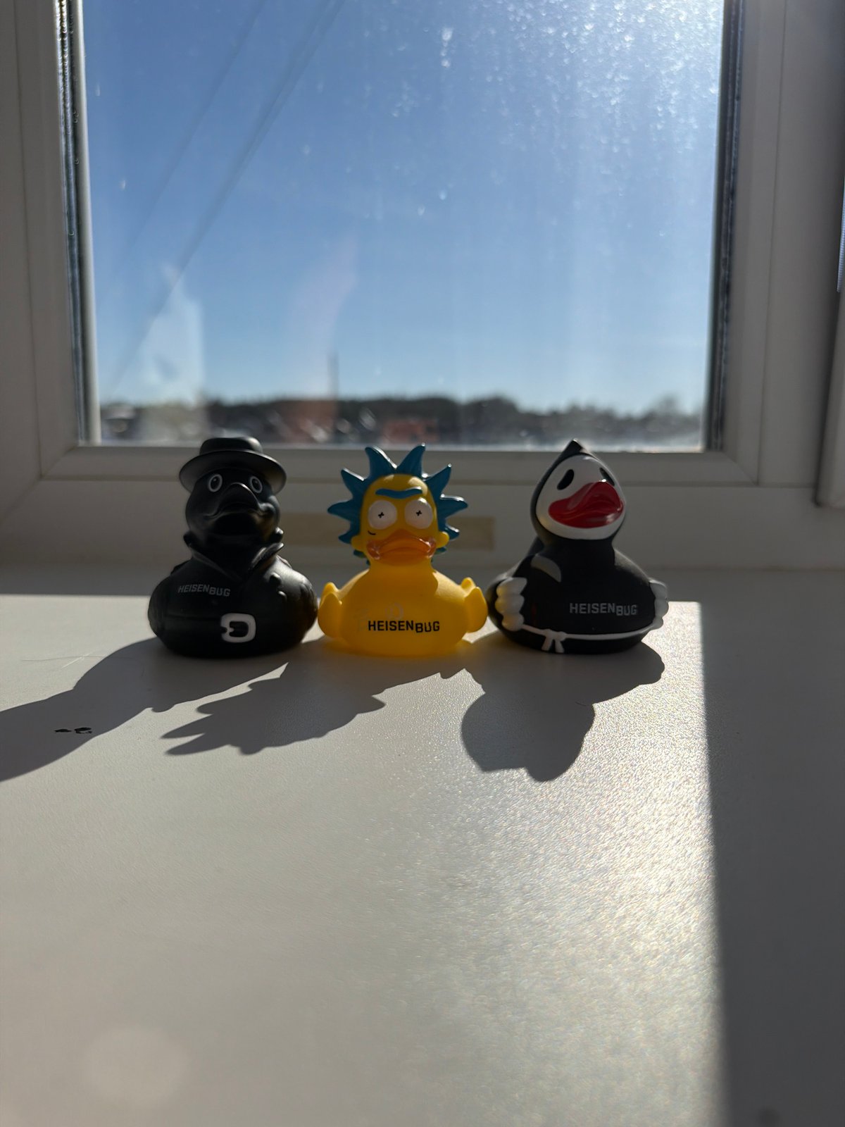 Collectible duck figures displayed on windowsill in Chaikovsky, Russia