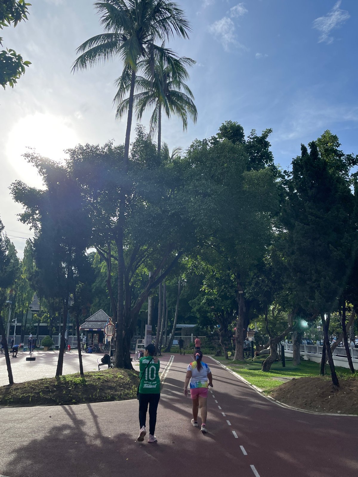 Outdoor yoga class in a Chiang Mai park on a sunny morning