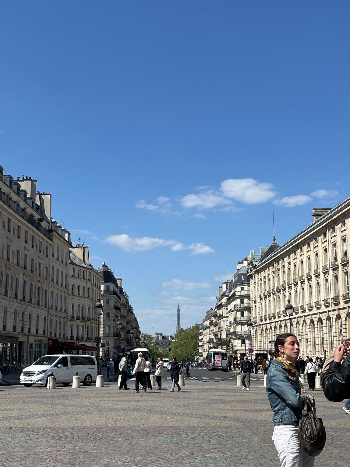 Pedestrians spotted on Paris street with Eiffel Tower backdrop