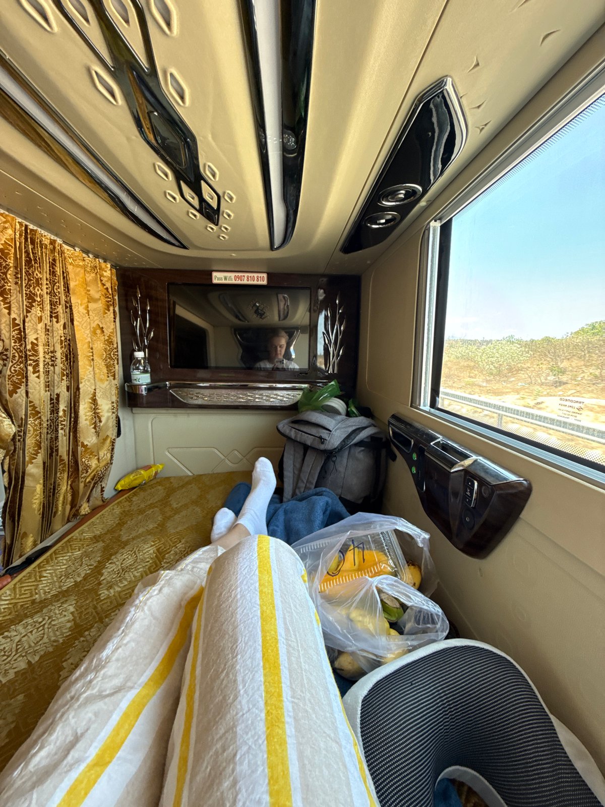 Modern sleeper bus interior documented in Phuoc Huu, Vietnam