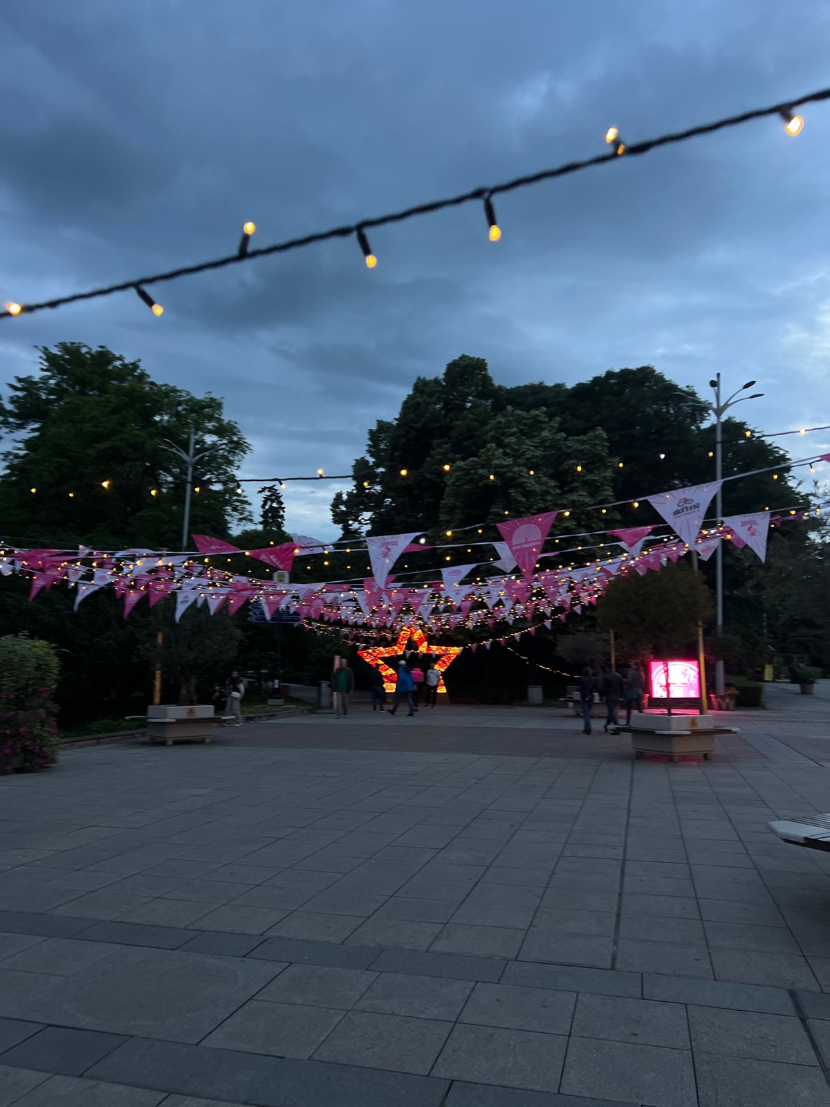 Festive decorations illuminate Plovdiv streets during evening celebration