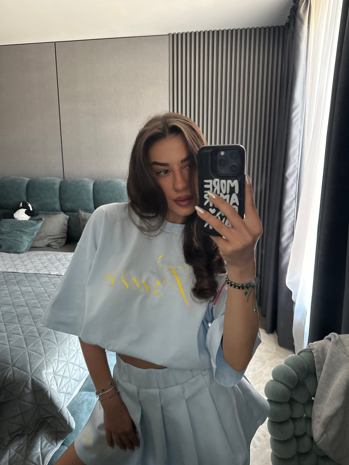 Mirror selfie in a coordinated light blue outfit, Sofia