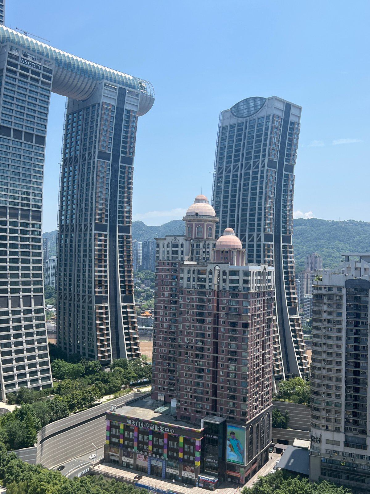 Chongqing's river confluence and Raffles City skyline from above