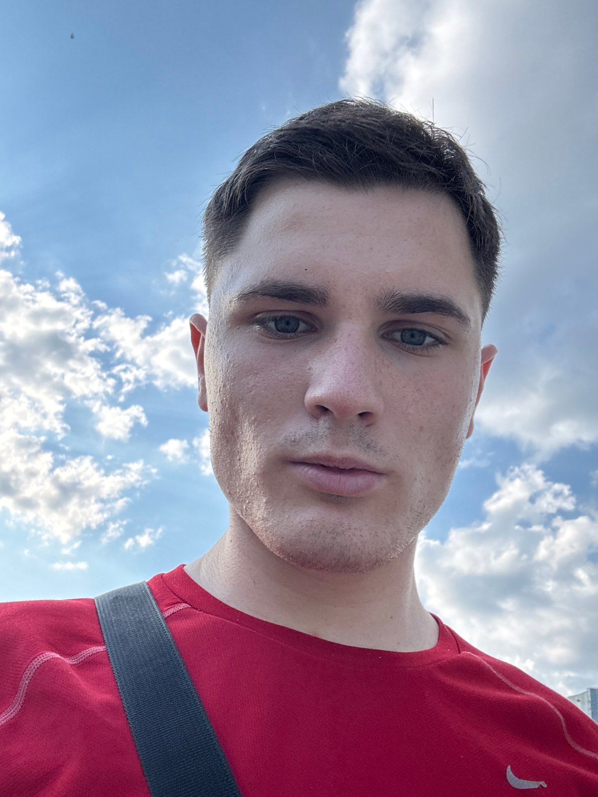 Outdoor selfie series under a blue sky in Stara Zagora