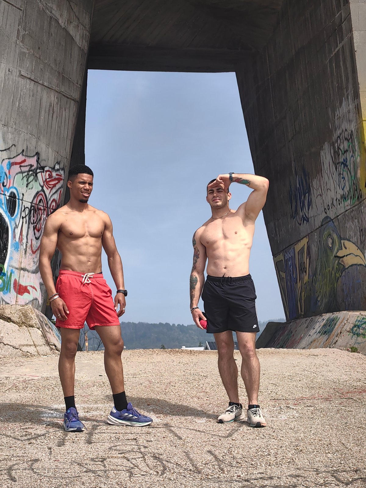Men perform athletic stunts under Asparuhov Bridge in Varna