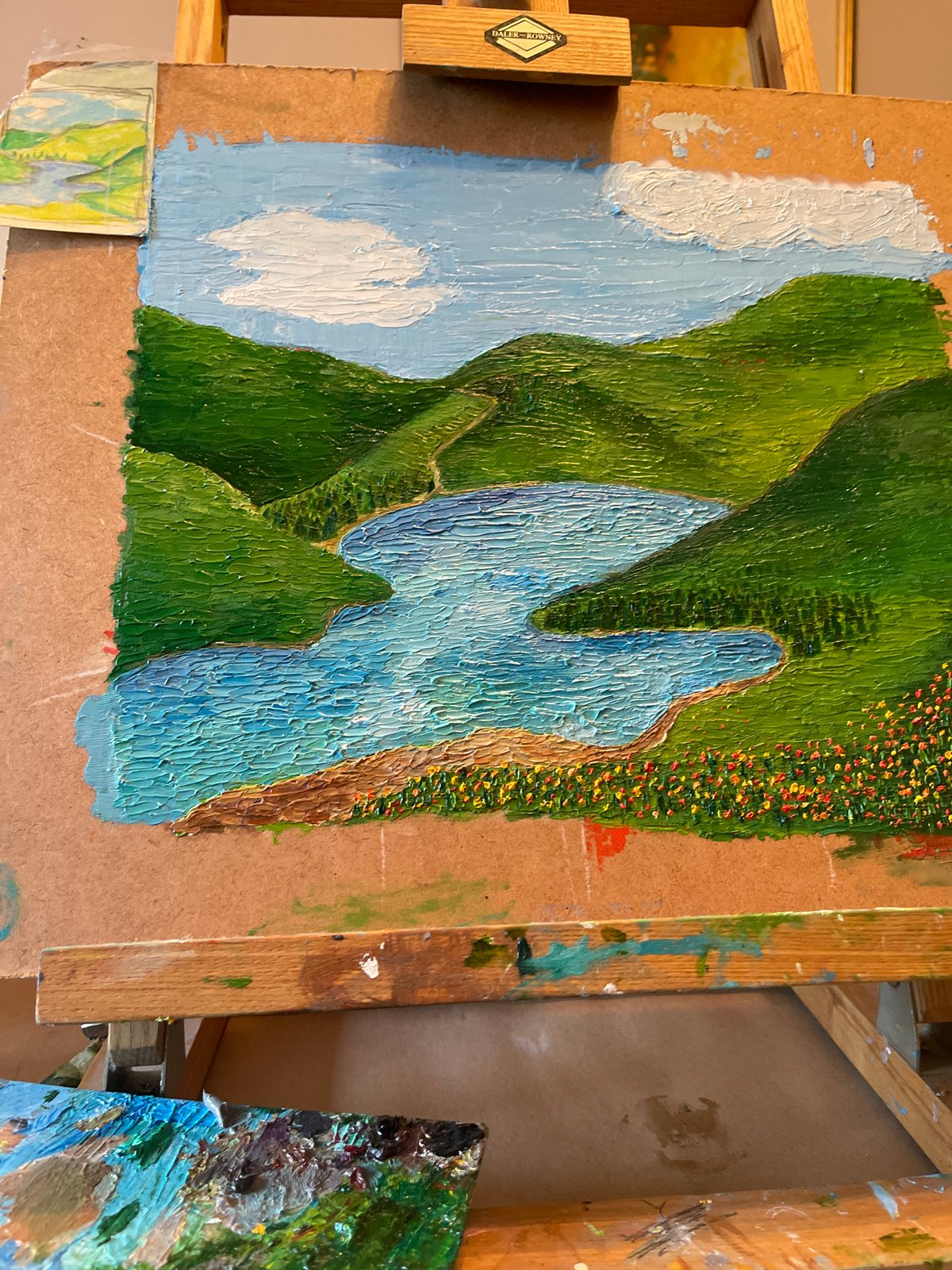 Unfinished landscape painting documented in Maidstone artist studio