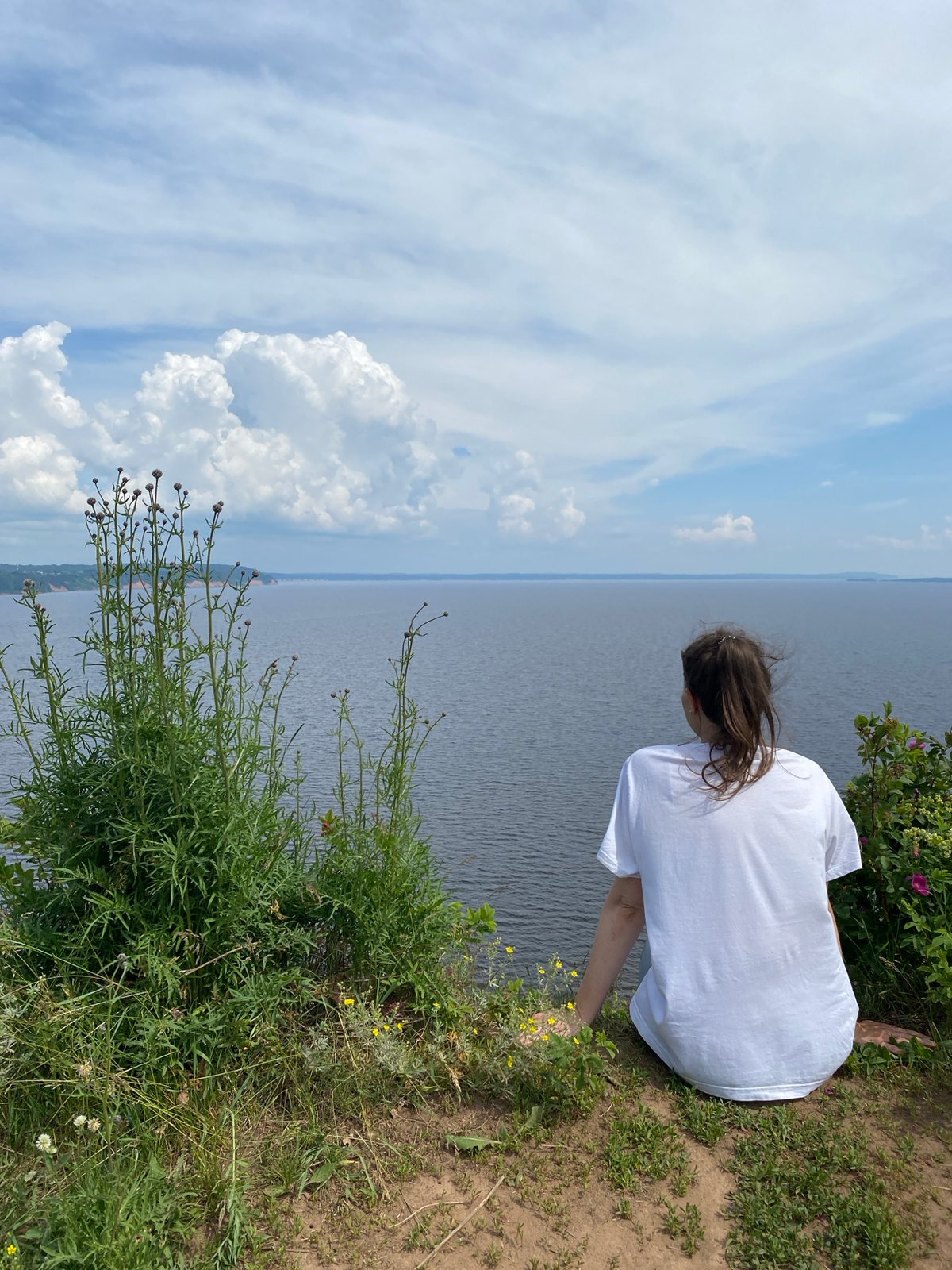 Clifftop river views and wooden town signage in Kostovaty