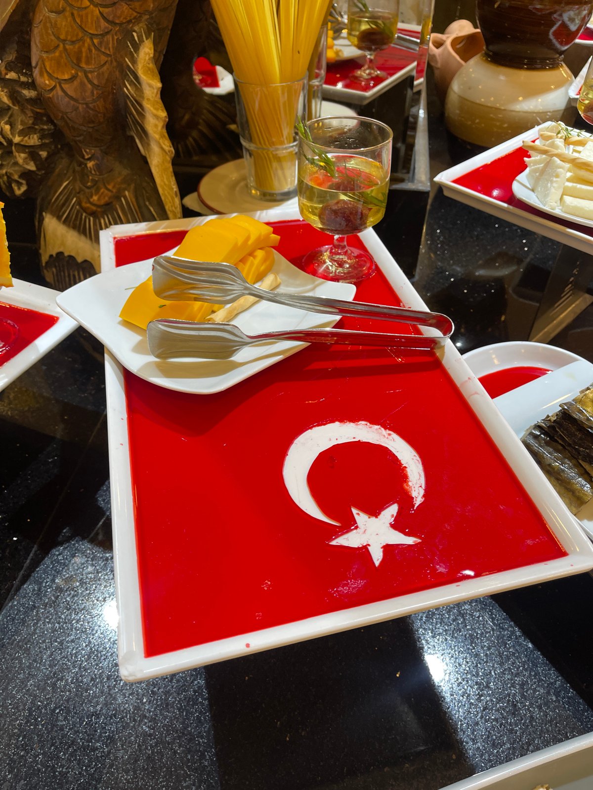 Turkish flag-themed food tray spotted at buffet display